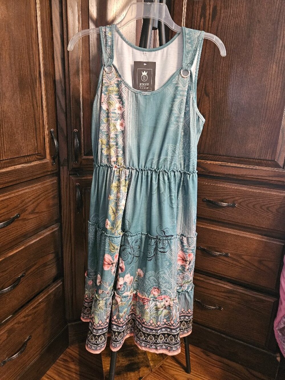 ETCYY Women’s Large Boho Floral Tiered Maxi Dress Teal Pink NWT